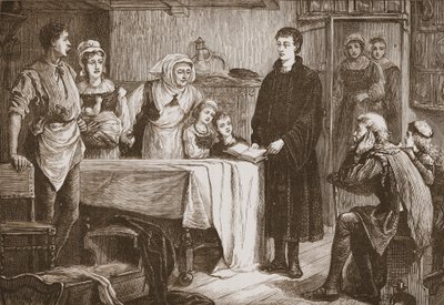 Giovane Calvino che spiega la Bibbia a una famiglia a Bourges, illustrazione da The History of Protestantism di James Aitken Wylie, pub. 1878 da English School