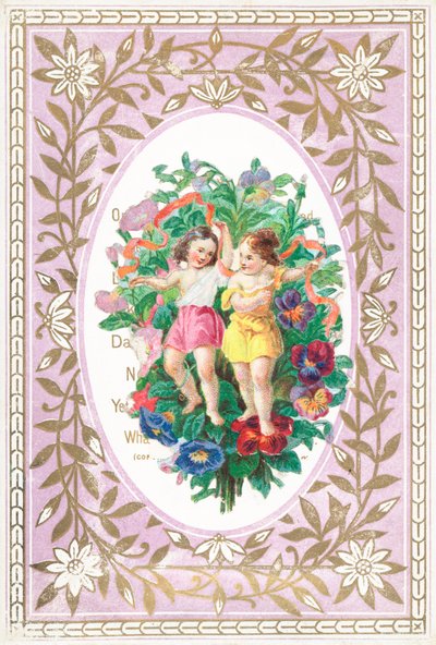 Ragazza e ragazzo con fiori e nastri, biglietto da English School