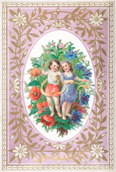 Ragazza e ragazzo con fiori e nastri, biglietto da English School