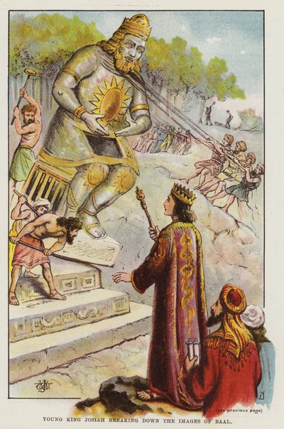 Il giovane re Giosia che abbatte le immagini di Baal (litografia a colori) da English School