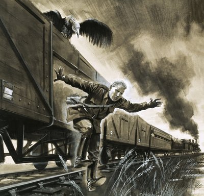 Il giovane Winston Churchill fugge in treno, in compagnia di un avvoltoio da English School