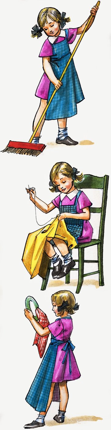 Giovane ragazza che pulisce e riordina da English School