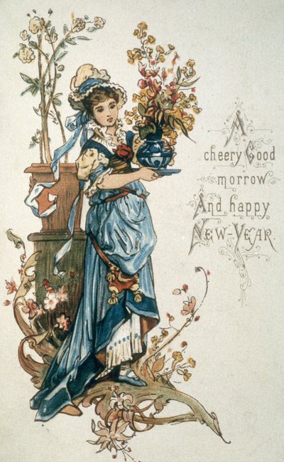 Giovane ragazza in blu per augurarti un felice Natale e un felice anno nuovo, c.1900 da English School
