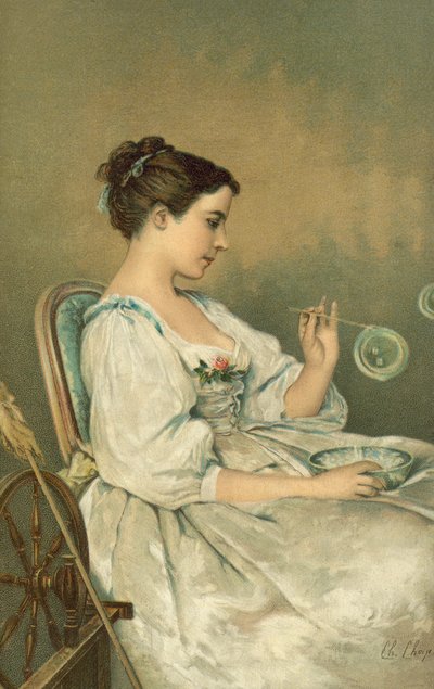 Giovane donna che soffia bolle da English School