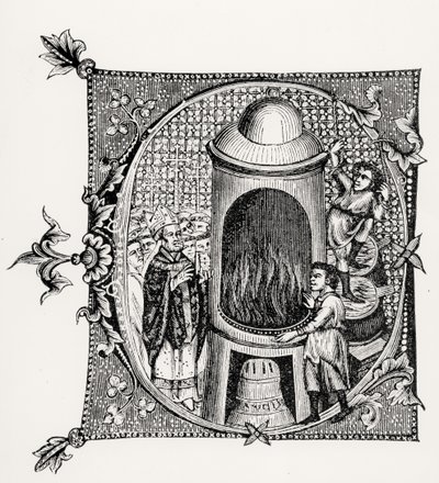 Iniziale istoriata C da Divinorum Officiorum di William Durand, illustrazione da Science and Literature in the Middle Ages and Renaissance, scritto e inciso da Paul Lacroix, 1878 da English School English School