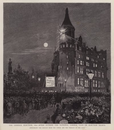 Annuncio dei risultati delle elezioni generali del 1892 dal Liberal Club, Westminster, Londra da Enoch Ward