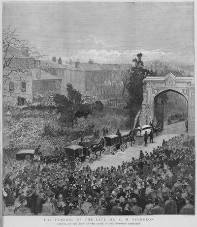 Processione funebre che trasporta il corpo del predicatore battista inglese Charles Haddon Spurgeon arrivando ai cancelli del Cimitero di Norwood, Londra da Enoch Ward