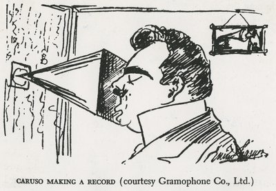 Caruso che fa la sua prima registrazione su grammofono, 1902 (disegno) da Enrico Caruso