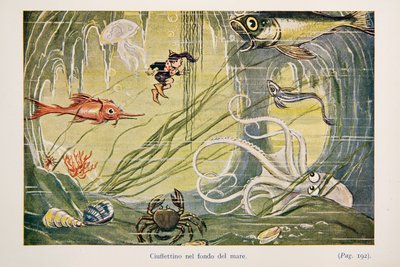 Ciuffettino sul fondo del mare, illustrazione da Le Avventure di Ciuffettino da Enrico de Conti Novelli