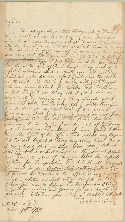 Lettera a Allice Jones, Concord, Massachusetts, 7 ottobre 1755 da Ephraim Jones