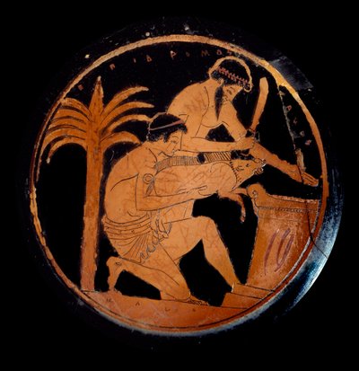 Arte greca: coppa con figure rosse in ceramica, medaglione: sacrificio di un maiale su un altare durante un rito religioso. Realizzato dal pittore di Epidromos. 500 a.C. Parigi, Museo del Louvre da Epidromos Painter