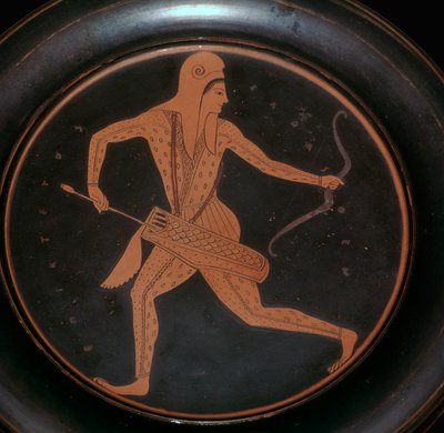 Piatto attico con immagine di un arciere in abito scita, V secolo a.C. da Epiktetos