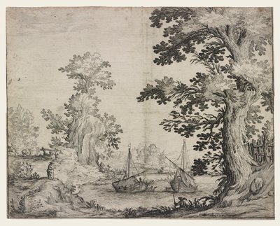 Paesaggio con un fiume tra alberi e colline, due navi al centro da Ercole Bazzicaluva