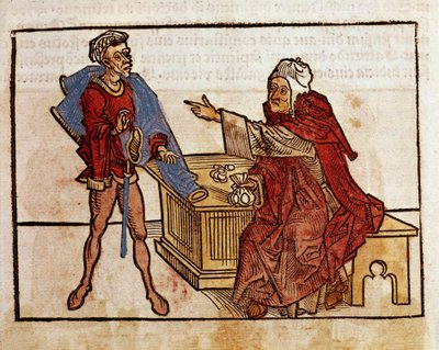 Transazione tra un ebreo e un usuraio Pagina tratta dal libro di viaggio "peregrinatio in terram sanctam" dopo il pellegrinaggio in Terra Santa di Bernard de Breydenbach (Breidenbach) (1454-1497) illustrato da incisioni di Erhard Reuwich da Erhard Reuwich