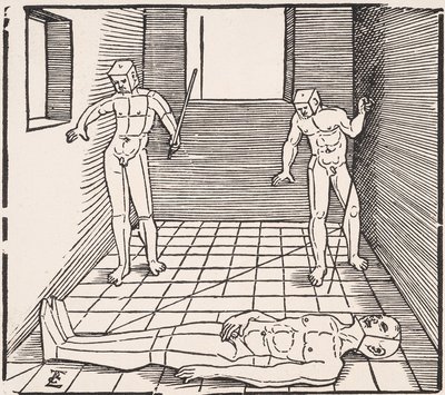 Tre figure maschili in una stanza Da: Unnderweissung der Proportzion da Erhard Schon