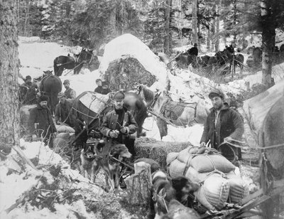 Prospectors che ascendono Porcupine Hill sul sentiero di Skagway, Alaska, durante la corsa all