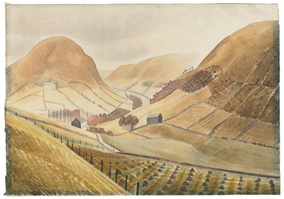 Covoni di grano e fattorie - Hill Farm, Capel-y-ffin, Galles da Eric Ravilious