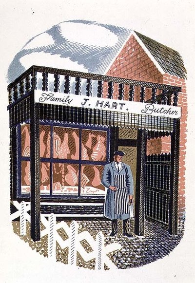 La macelleria, stampato dalla Curwen Press, da High Street, di J.M. Richards, pubblicato da Country Life, 1938 (serie di 24) da Eric Ravilious