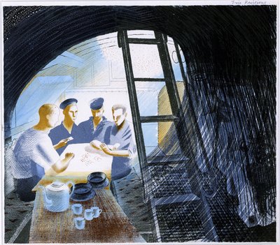 Veduta della mensa degli ufficiali in un sottomarino sommerso, con utensili da cucina e quattro marinai che giocano a carte da Eric Ravilious