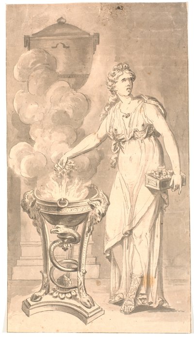Donna in abito classico offre fiori in una ciotola sacrificale con fuoco da Erik Pauelsen