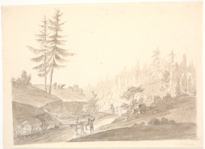 Paesaggio montano norvegese con bestiame e due uomini da Erik Pauelsen