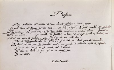 Prefazione manoscritta della partitura musicale con disegni da Erik Satie
