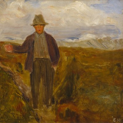 Uomo con il monte Smiubelgen e Rondane sullo sfondo da Erik Theodor Werenskiold