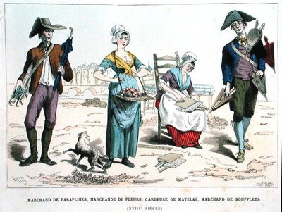 Venditore di ombrelli, venditore di fiori, cardatore di lana per materassi e venditore di mantici nel diciottesimo secolo, da 