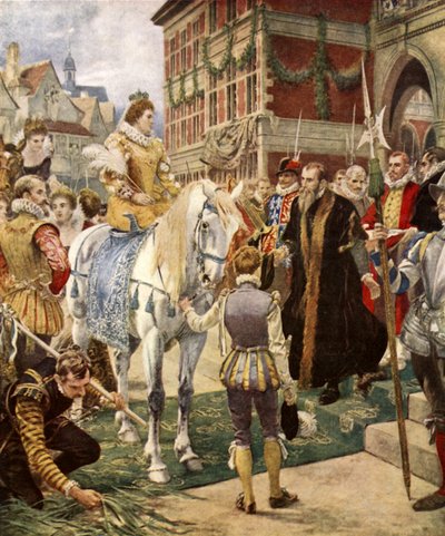 La regina Elisabetta apre la Royal Exchange (litografia a colori) da Ernest (after) Crofts