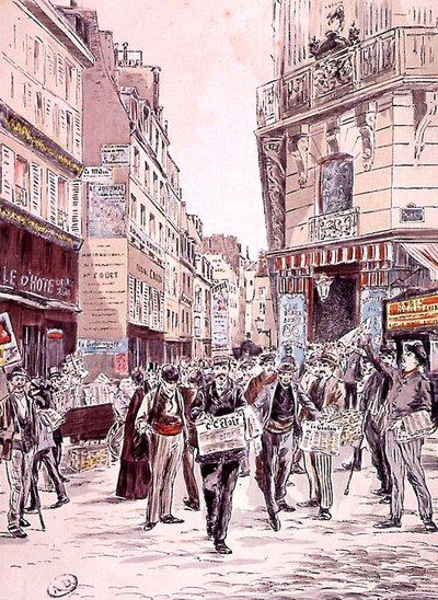 Venditori di giornali nelle strade di Parigi nel 1893, incisione da Ernest (after) Grenier