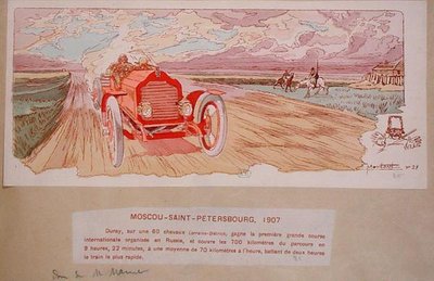 Arthur Duray nella sua Lorraine-Dietrich vincendo il rally Mosca-San Pietroburgo nel 1907, c.1910 da Ernest (after) Montaut