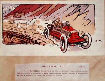 Marcel Renault nella sua Renault Freres durante la gara Parigi-Vienna nel 1902 da Ernest (after) Montaut