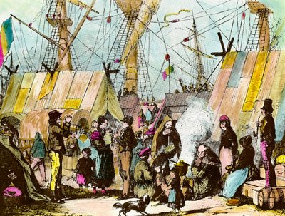 Famiglie di emigranti accampate al porto di Le Havre. Incisione di Ernest Charton (1813-1905) Incisione del XIX secolo Collezione privata da Ernest Charton