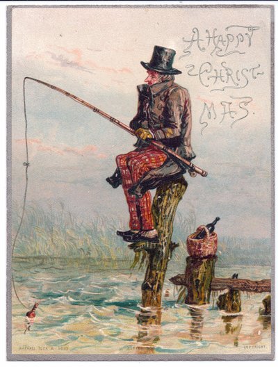 Cartolina di Natale vittoriana di un uomo vittoriano seduto su un ceppo d