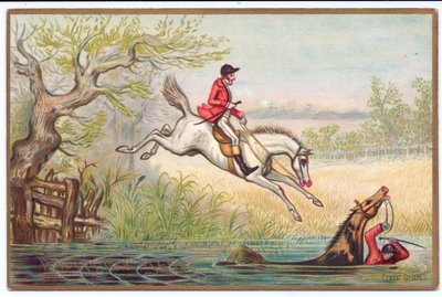 Cartolina di Capodanno vittoriana di una caccia alla volpe con un cacciatore e il suo cavallo che cadono nel fiume, c.1880 da Ernest Henry Griset
