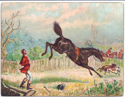 Cartolina vittoriana di auguri di una caccia alla volpe con un cavallo solitario che galoppa via lasciando il cacciatore a terra, c.1880 da Ernest Henry Griset