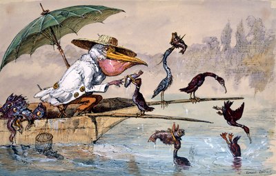 Cormorani che presentano pesci a un pellicano in una barca sotto un ombrello da Ernest Henry Griset