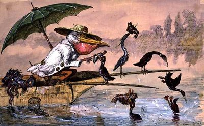 Cormorani che presentano pesci a un pellicano in una barca sotto un ombrello da 