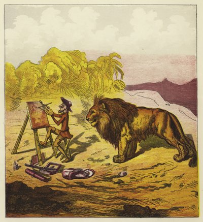 John Bold sorpreso da un leone mentre dipinge da Ernest Henry Griset