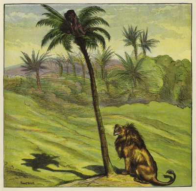 Uomo che fugge da un leone arrampicandosi su un albero da Ernest Henry Griset