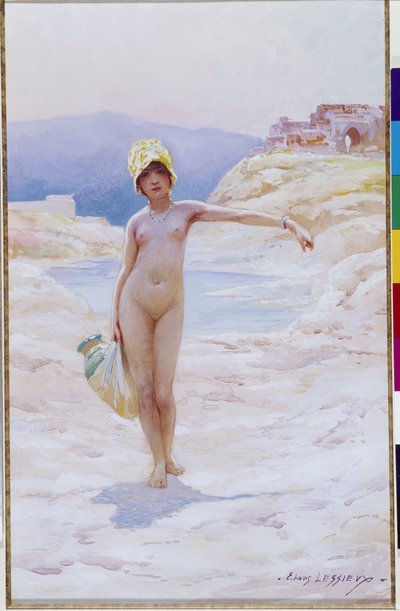 Ragazza algerina con la brocca Una ragazza nuda con un cappello che porta una brocca d