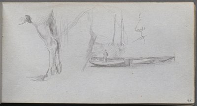 Taccuino, pagina 43: Studi: gamba di cavallo, figura in una barca e profilo da Ernest Meissonier
