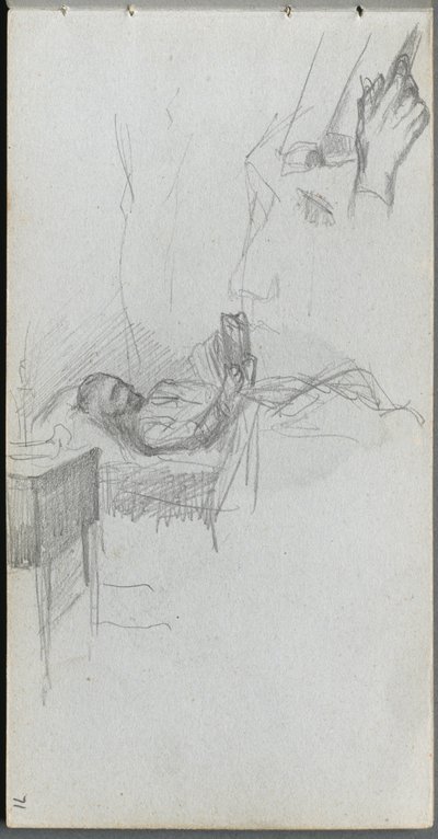 Taccuino, pagina 71: Studio di una figura che legge a letto, studio di una mano da Jean Louis Ernest Meissonier