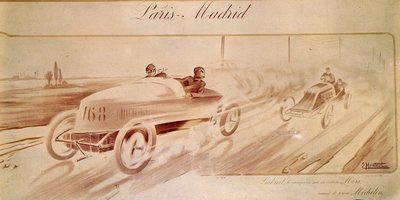 Corsa automobilistica: "Parigi Madrid": Gabriel vincitore su Mors equipaggiata con pneumatici Michelin. Illustrazione 1903 da Ernest Montaut