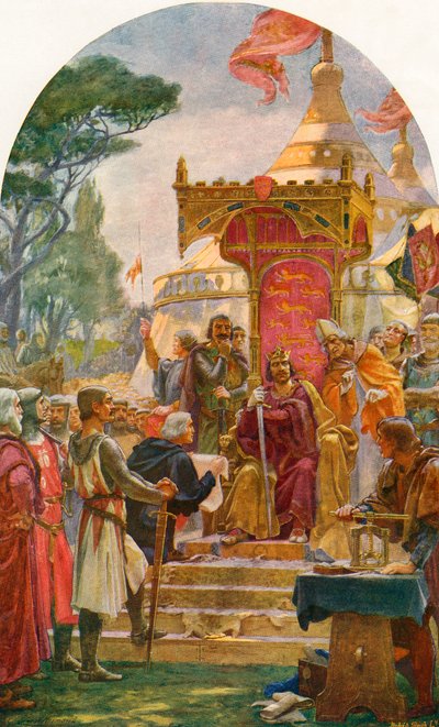 Re Giovanni concede la Magna Carta a Runnymede, sulla riva del Tamigi vicino a Windsor, Inghilterra, 15 giugno 1215. Da Cassell