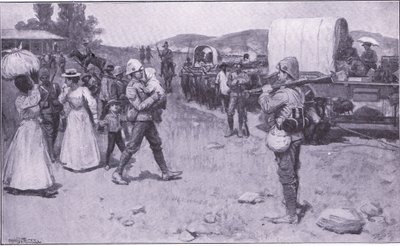 Soldati britannici che assistono i rifugiati boeri, illustrazione da After Pretoria: The Guerilla War, 1902 da Ernest Prater