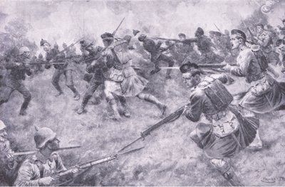 Carica galante degli Scozzesi di Londra, dalla Storia della Grande Guerra Vol 3 pubblicata da Waverley Book Co Limited, c.1920 da Ernest Prater