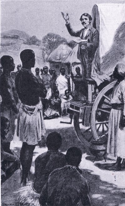 Predicando ai Makololo: Livingstone, illustrazione da Cassells Romance of Famous Lives, c.1940 da Ernest Prater