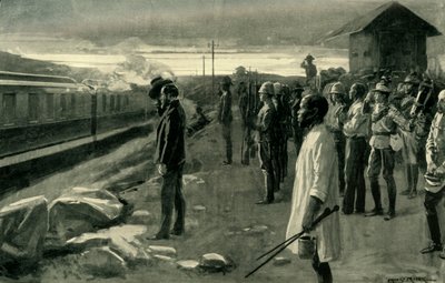 Il treno che trasporta i resti del signor Rhodes salutato dalle guardie del blockhouse, 1902 da Ernest Prater