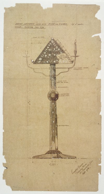 Progetto per leggio in ebano intarsiato con osso e argento per la chiesa di St. Andrews, Roker 1906 da Ernest William Gimson
